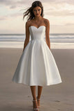 A Line Satin Sweetheart White Tea Length Graduation Dress