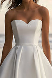 A Line Satin Sweetheart White Tea Length Graduation Dress