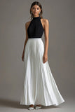 Black White A Line Halter Neck Pleated Long Black Tie Dress