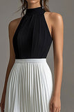 Black White A Line Halter Neck Pleated Long Black Tie Dress