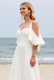 White Chiffon Sweep Train Cold Shoulder Ruched Beach Wedding Dress with Slit