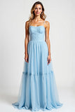 Sky Blue Square Neck Chiffon A Line Long Bridesmaid Dress