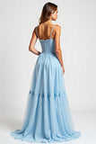 Sky Blue Square Neck Chiffon A Line Long Bridesmaid Dress