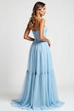 Sky Blue Square Neck Chiffon A Line Long Bridesmaid Dress