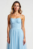 Sky Blue Square Neck Chiffon A Line Long Bridesmaid Dress