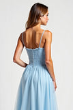 Sky Blue Square Neck Chiffon A Line Long Bridesmaid Dress