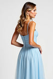 Sky Blue Square Neck Chiffon A Line Long Bridesmaid Dress