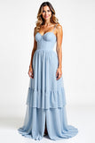 Spaghetti Straps Sky Blue Chiffon Long Bridesmaid Dress