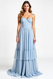 Spaghetti Straps Sky Blue Chiffon Long Bridesmaid Dress