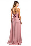 Dusty Rose A Line Long Bridesmaid Dress with Bow