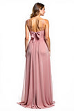 Dusty Rose A Line Long Bridesmaid Dress with Bow