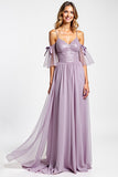 A Line Purple Cold Shoulder Long Chiffon Bridesmaid Dress