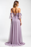 A Line Purple Cold Shoulder Long Chiffon Bridesmaid Dress