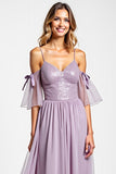 A Line Purple Cold Shoulder Long Chiffon Bridesmaid Dress