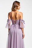 A Line Purple Cold Shoulder Long Chiffon Bridesmaid Dress