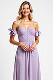 Purple Chiffon Long Spaghetti Straps A Line Bridesmaid Dress