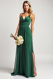 A Line Dark Green V-Neck Chiffon Long Bridesmaid Dress with Slit