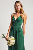 A Line Dark Green V-Neck Chiffon Long Bridesmaid Dress with Slit