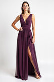 Purple V-Neck Chiffon A Line Long Bridesmaid Dress with Slit