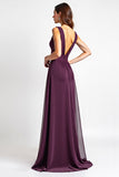 Purple V-Neck Chiffon A Line Long Bridesmaid Dress with Slit