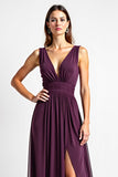 Purple V-Neck Chiffon A Line Long Bridesmaid Dress with Slit