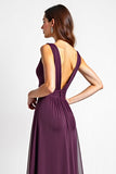 Purple V-Neck Chiffon A Line Long Bridesmaid Dress with Slit