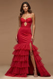 Dark Red Mermaid Keyhole Tiered Long Prom Dress with Slit