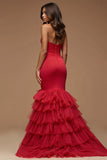 Dark Red Mermaid Keyhole Tiered Long Prom Dress with Slit