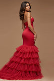 Dark Red Mermaid Keyhole Tiered Long Prom Dress with Slit