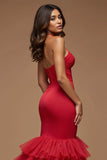 Dark Red Mermaid Keyhole Tiered Long Prom Dress with Slit