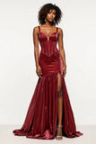 Mermaid Corset Burgundy Velvet Long Prom Dress with Slit