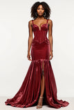 Mermaid Corset Burgundy Velvet Long Prom Dress with Slit