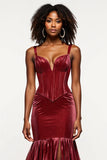 Mermaid Corset Burgundy Velvet Long Prom Dress with Slit