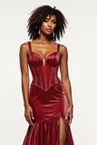 Mermaid Corset Burgundy Velvet Long Prom Dress with Slit