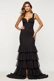 Black Sheath Tiered V-Neck Long Prom Dress with Slit