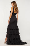 Black Sheath Tiered V-Neck Long Prom Dress with Slit