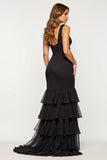 Black Sheath Tiered V-Neck Long Prom Dress with Slit