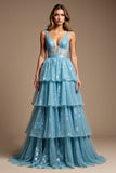 Glitter Blue A Line Tiered V-Neck Long Prom Dress with Lace