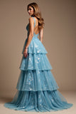 Glitter Blue A Line Tiered V-Neck Long Prom Dress with Lace