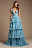 Glitter Blue A Line Tiered V-Neck Long Prom Dress with Lace