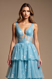 Glitter Blue A Line Tiered V-Neck Long Prom Dress with Lace