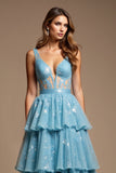 Glitter Blue A Line Tiered V-Neck Long Prom Dress with Lace