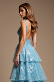 Glitter Blue A Line Tiered V-Neck Long Prom Dress with Lace