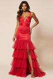 Red Sheath Tulle Tiered V-Neck Long Prom Dress with Slit