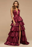 Burgundy A Line Tiered V-Neck Halter Long Satin Prom Dress with Slit