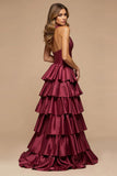 Burgundy A Line Tiered V-Neck Halter Long Satin Prom Dress with Slit