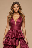 Burgundy A Line Tiered V-Neck Halter Long Satin Prom Dress with Slit