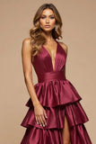 Burgundy A Line Tiered V-Neck Halter Long Satin Prom Dress with Slit