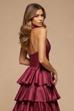 Burgundy A Line Tiered V-Neck Halter Long Satin Prom Dress with Slit