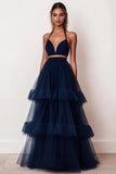 Navy A Line Tulle Halter Tiered Maxi Prom Dress